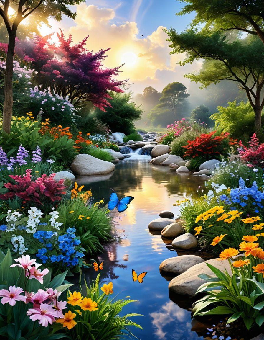 A serene landscape featuring a vibrant garden with blooming flowers and lush greenery, symbolizing growth and healing, positioned in the foreground. In the background, include a peaceful sun shining through soft clouds, representing hope and positivity. Incorporate subtle elements like a gentle stream and butterflies to enhance the theme of empowerment and recovery. The color palette should be warm and inviting, evoking a sense of tranquility. super-realistic. vibrant colors. natural light.