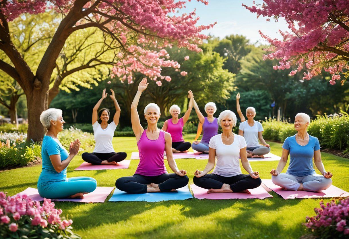 An uplifting scene showcasing a diverse group of cancer survivors engaging in healthy lifestyle activities, such as yoga, cooking nutritious meals, and gardening. The background features a bright, sunny park with blooming flowers and trees, symbolizing growth and renewal. Incorporate motivational quotes subtly in the surroundings to inspire hope and resilience. The atmosphere should be vibrant and colorful, evoking feelings of positivity and strength. super-realistic. vibrant colors. bright background.