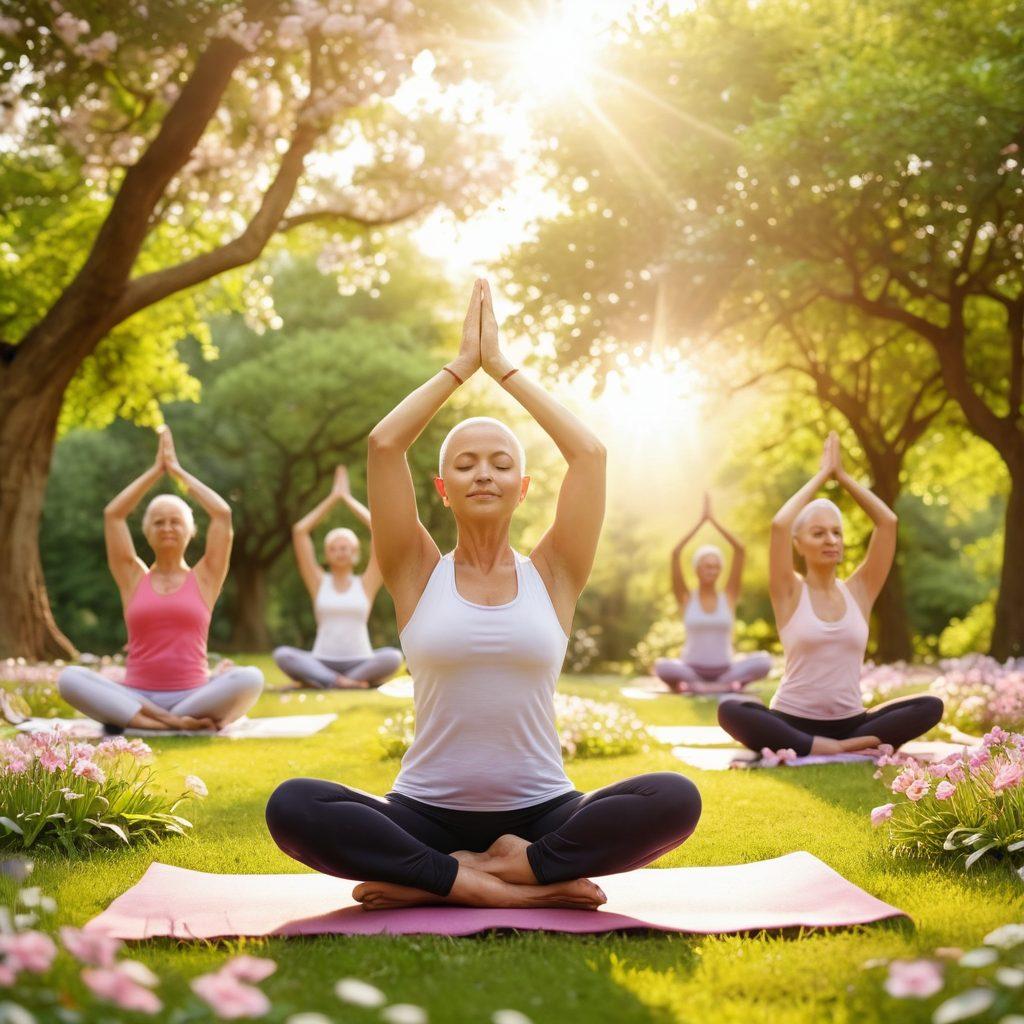 A serene scene of a diverse group of cancer survivors practicing yoga in a lush green park, surrounded by blossoming flowers and sunlight filtering through trees. Include elements symbolizing empowerment like a sunrise and uplifting quotes in the background. The atmosphere should convey hope and vitality. soft focus, vibrant colors, 3D.